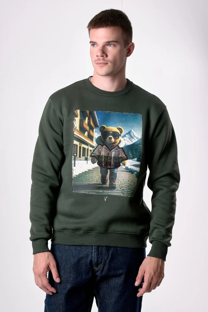 Felpa Girocollo Verde Militare con stampa Teddy e ricamo in tessuto V2