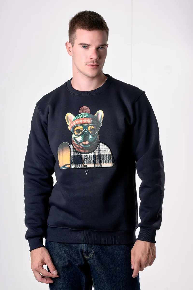 Felpa Girocollo Blu con stampa Bulldog e ricamo in tessuto V2