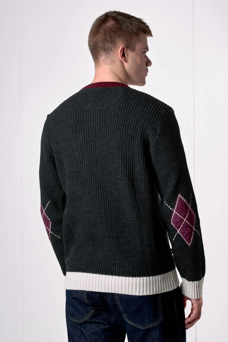Maglione Girocollo Maglia Inglese tre colori con toppe scamosciate