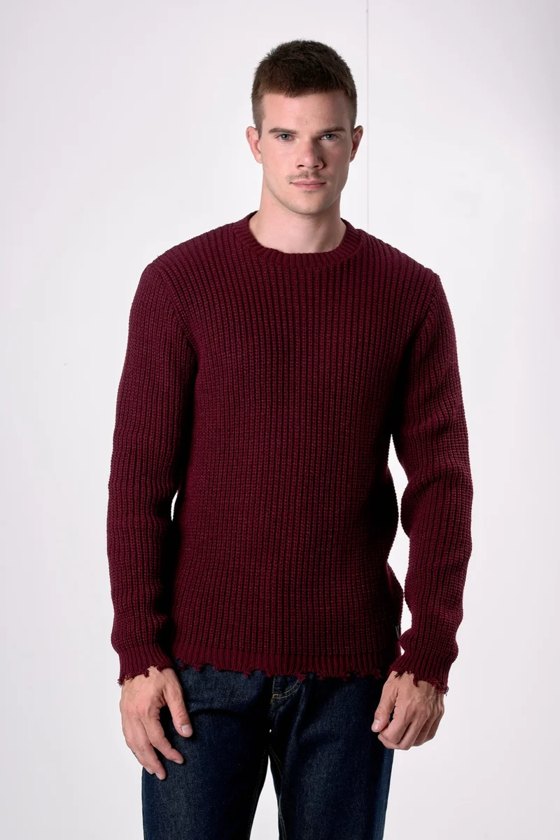 Maglione Girocollo con Strappi Bordeaux