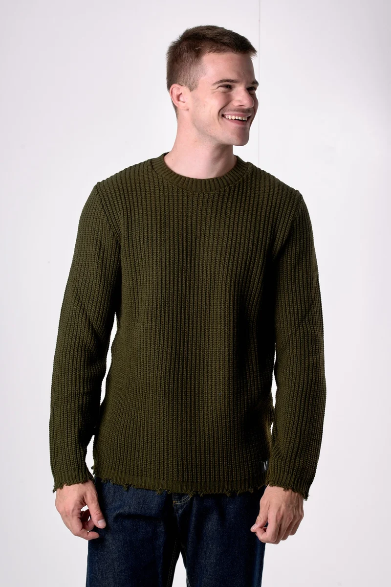 Maglione Girocollo con Strappi Verde Militare