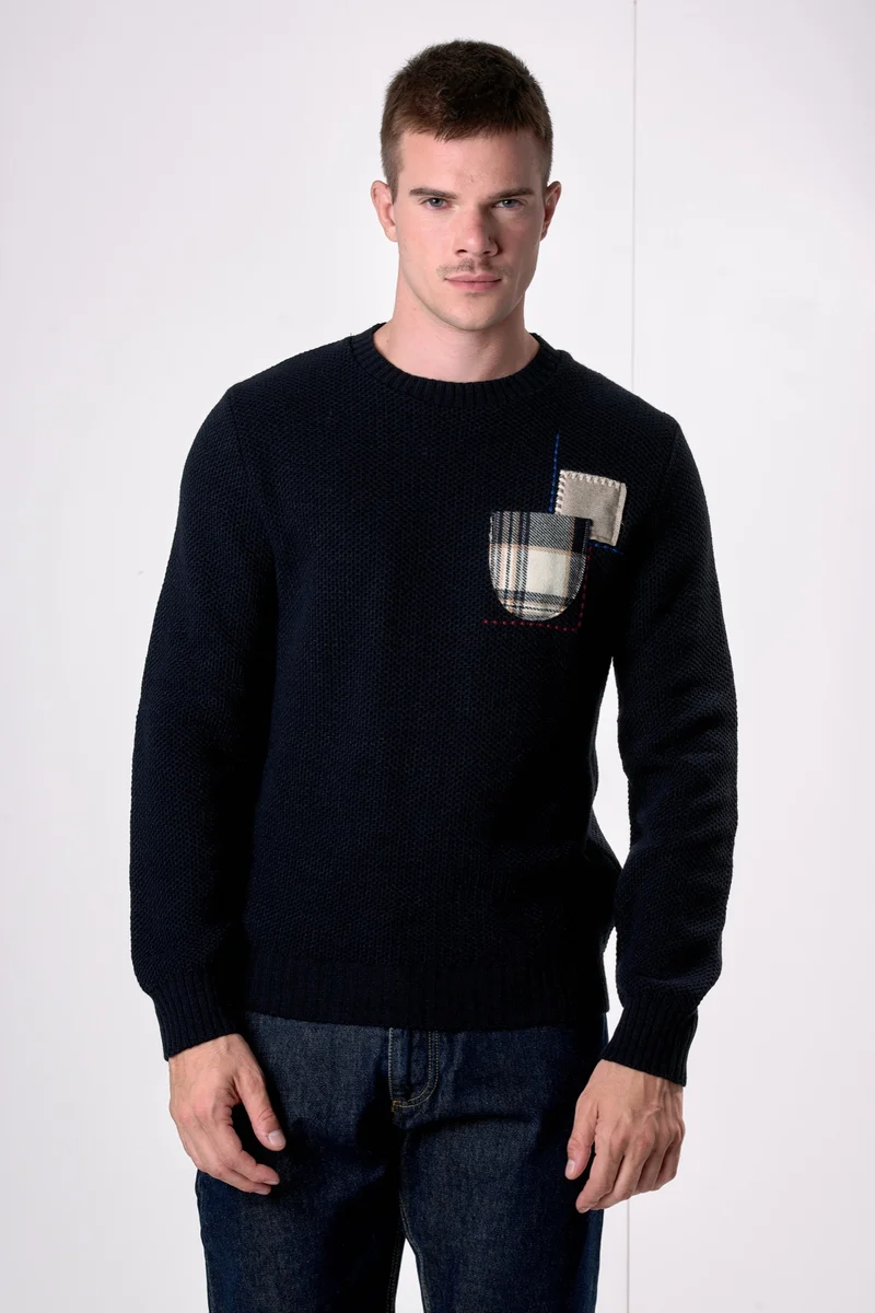 Maglione Girocollo occhio di pernice Blu con Taschino Patchwork Ricamato con Tessuti V2