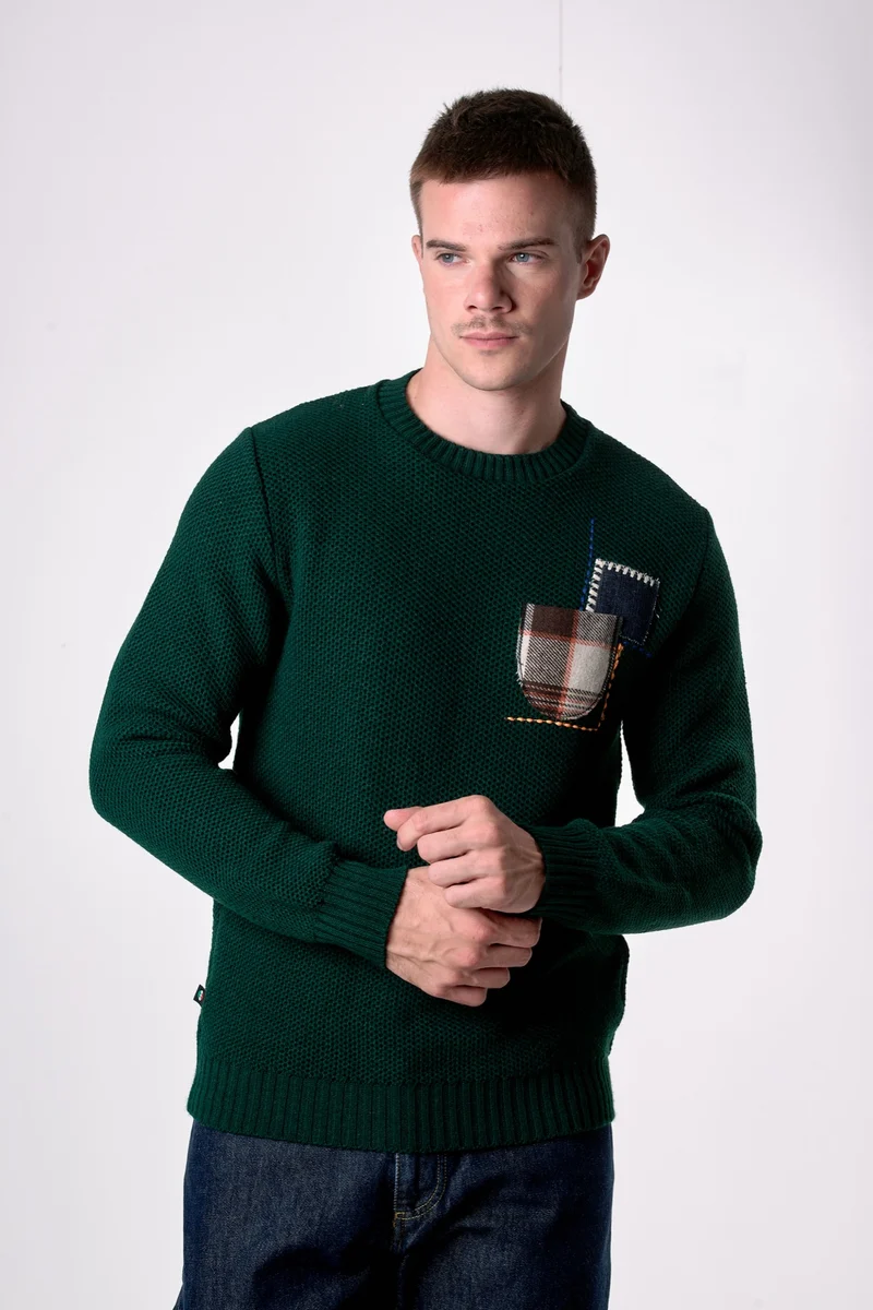 Maglione Girocollo occhio di pernice Verde con Taschino Patchwork Ricamato con Tessuti V2