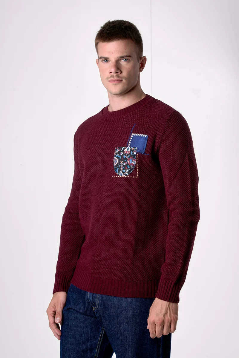 Maglione Girocollo occhio di pernice Bordeaux con Taschino Patchwork Ricamato con Tessuti V2