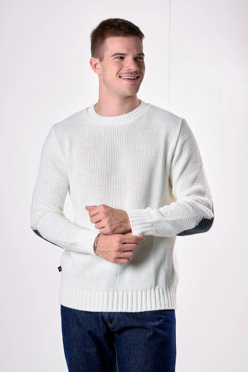 Maglione Girocollo punto riso Panna con Toppe Patchwork Ricamate con Tessuti V2