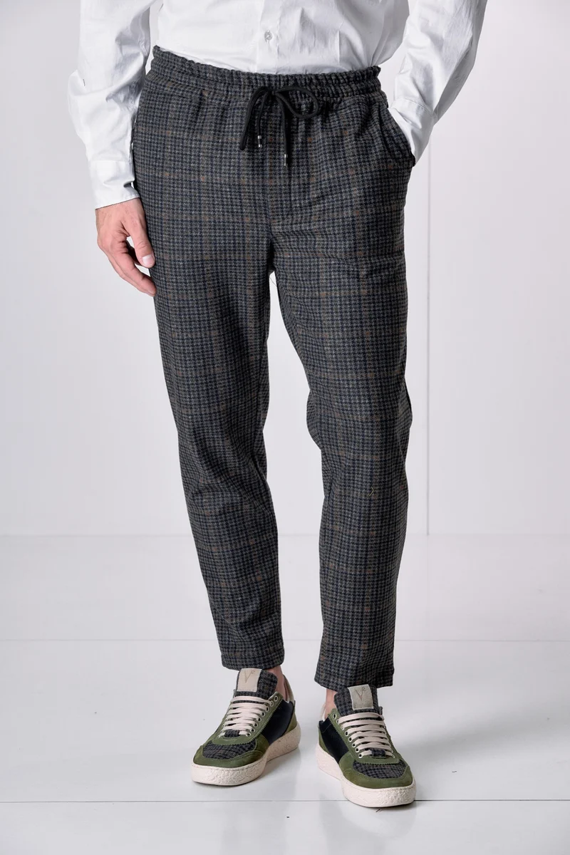 Pantalone Sartoriale Pied de Poule Verde Militare con elastico in vita e interni in tessuto V2