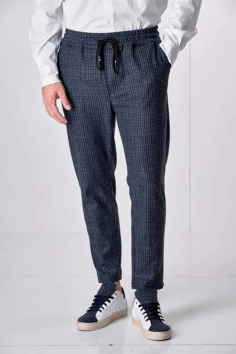 Pantalone Sartoriale Pied de Poule Blu Bordeaux con elastico in vita e interni in tessuto V2