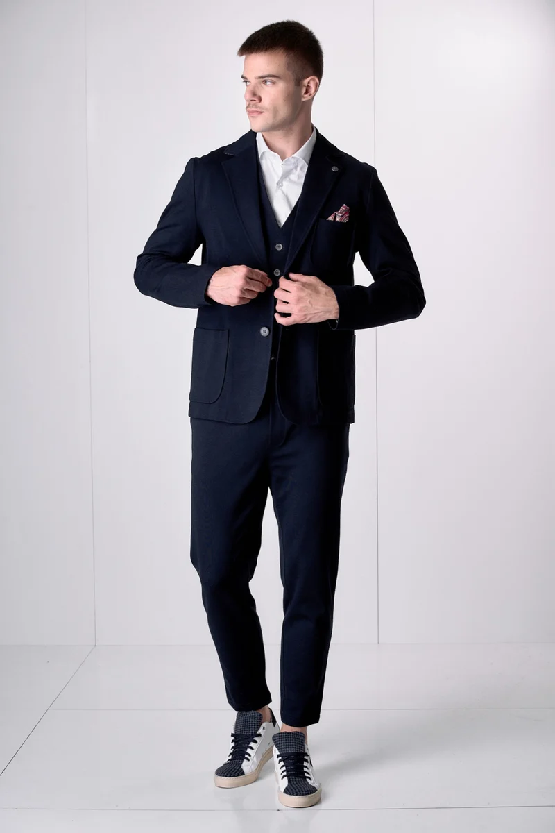 Giacca Monopetto Sartoriale Blu con interni e pochette in tessuto V2
