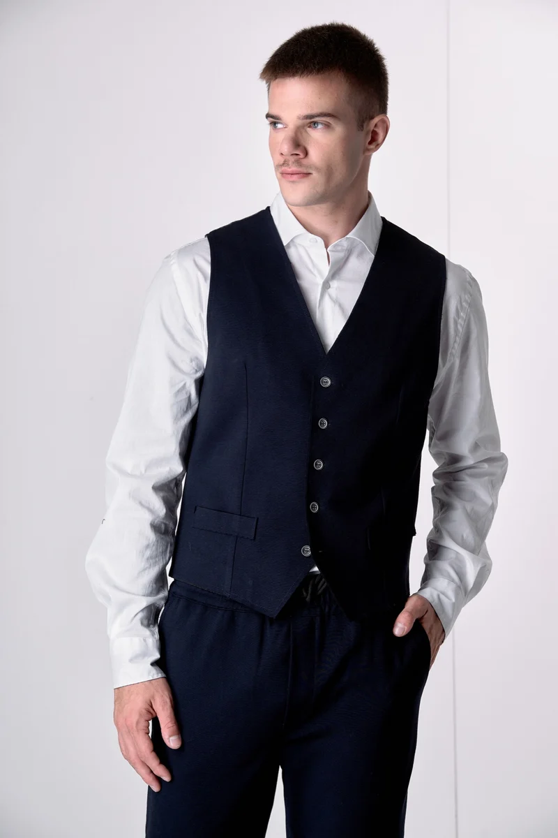 Gilet Monopetto Sartoriale Blu con retro a contrasto e interni in tessuto V2