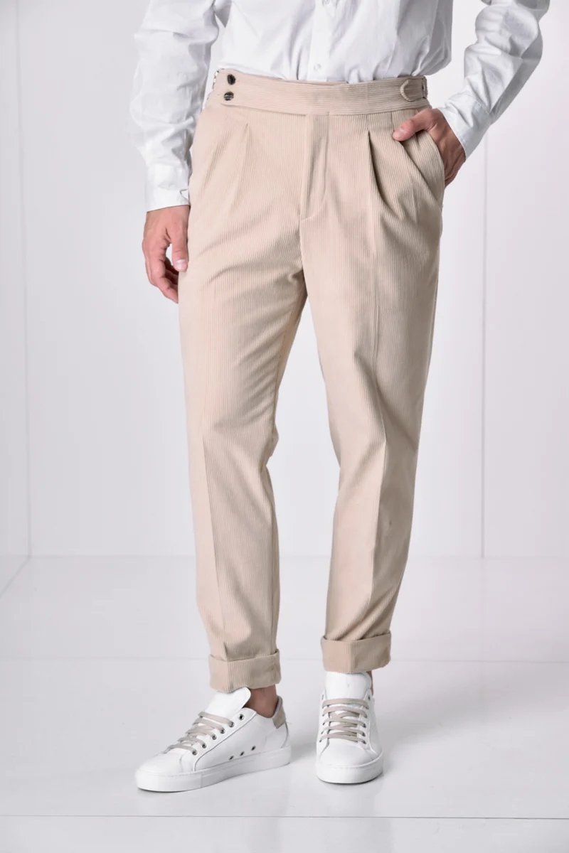Pantalone Alta Sartoria doppia pence in Velluto Sabbia con interni in tessuto V2