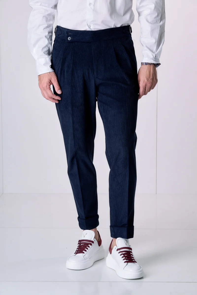 Pantalone Alta Sartoria doppia pence in Velluto Blu con interni in tessuto V2