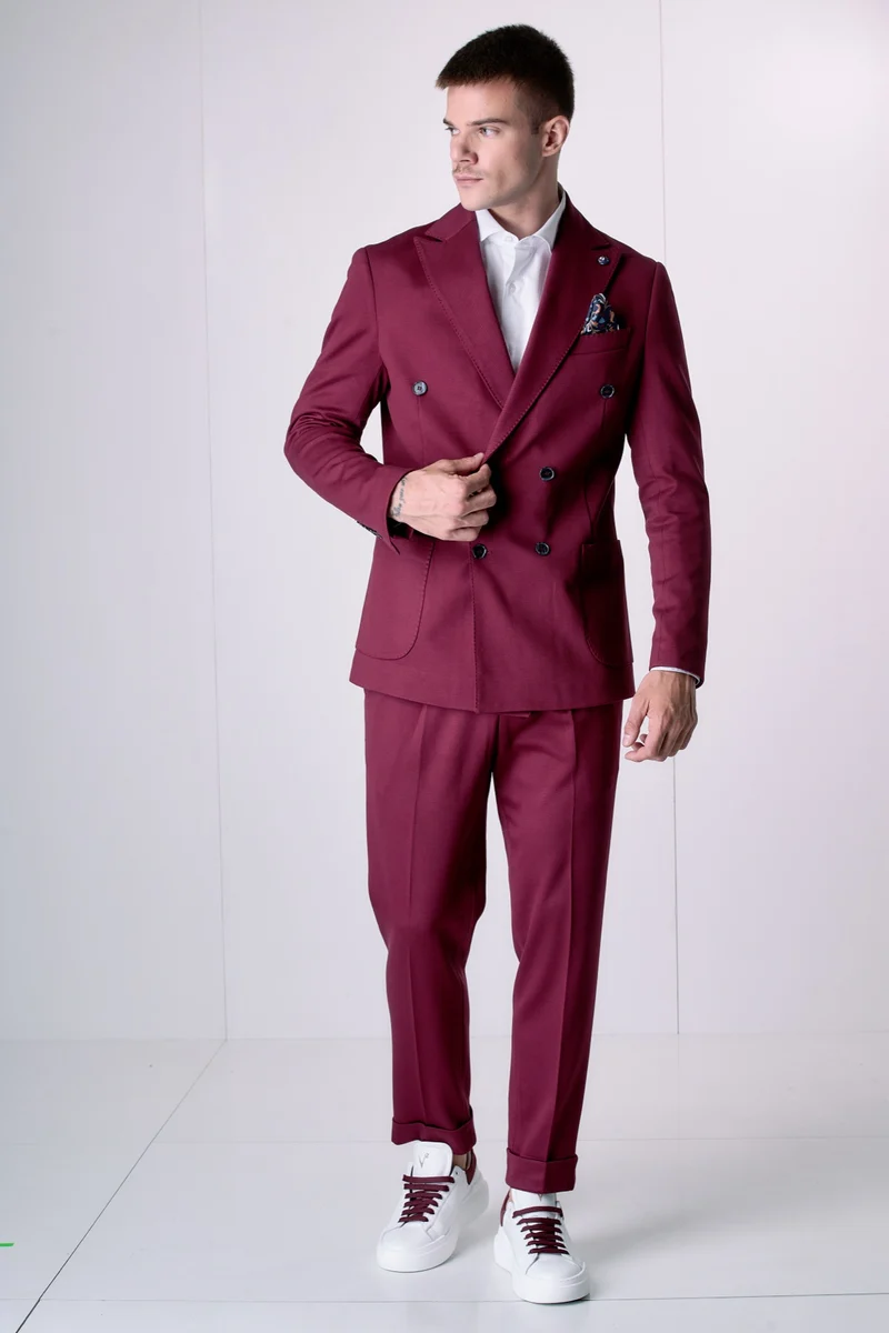 Giacca Doppiopetto Alta Sartoria Bordeaux con interni e pochette in tessuto V2