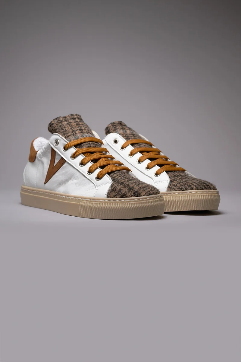 OLYMPIC - Sneakers a suola bassa in pelle Bianca con linguetta in tessuto Principe di Galles