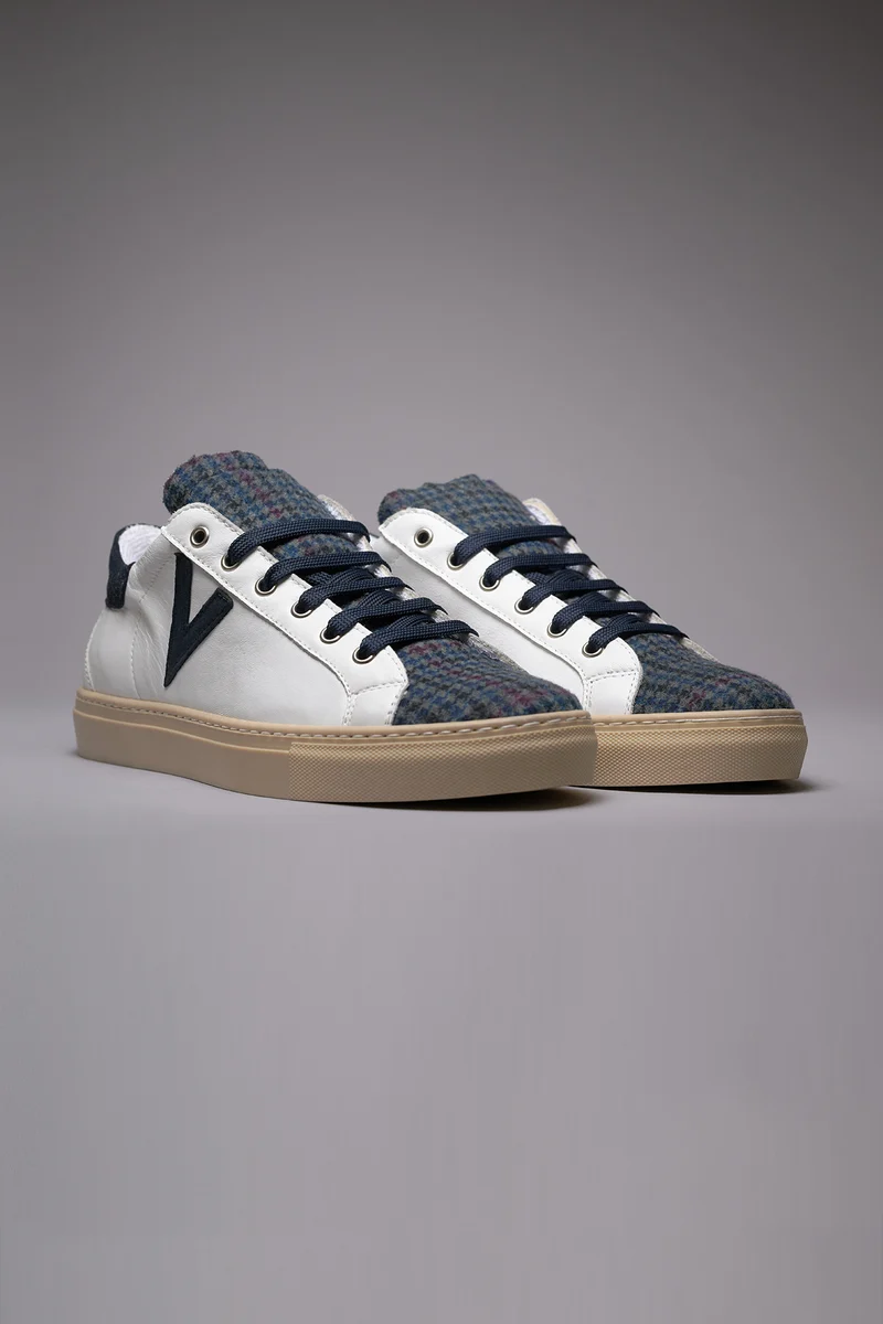 OLYMPIC - Sneakers a suola bassa in pelle Bianca con linguetta in tessuto Pied de Poule