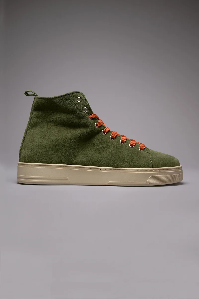 TEDDY - Stivaletto in pelle scamosciata Verde Militare e lacci Arancio